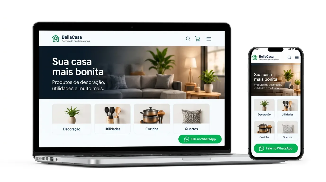 Mini loja de decoração em um notebook inteiro e um celular, com botões de WhatsApp nas telas
